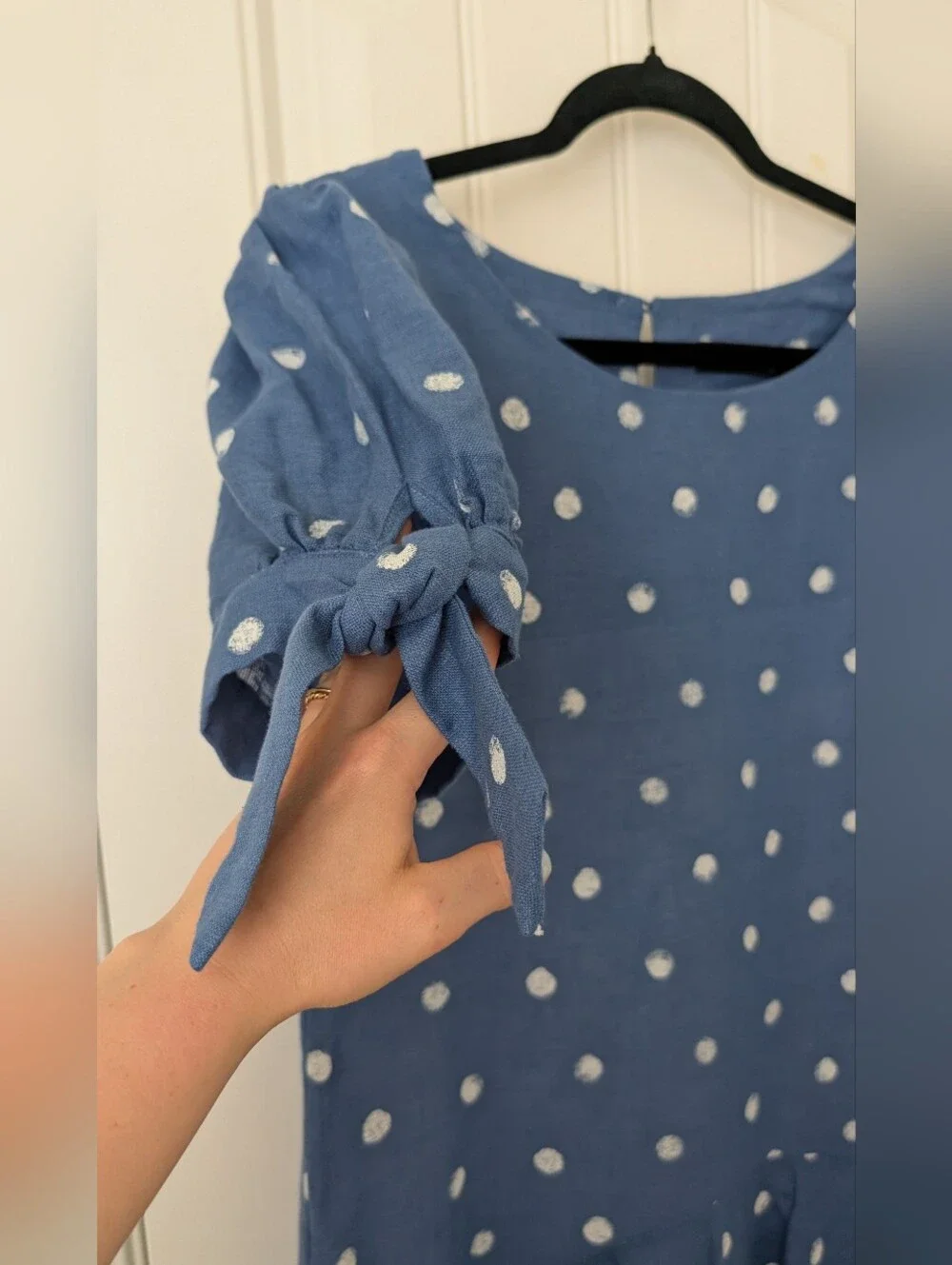 NWT Blue Drop Waist Linen Polka Dot Dress M - Picture 2 of 7